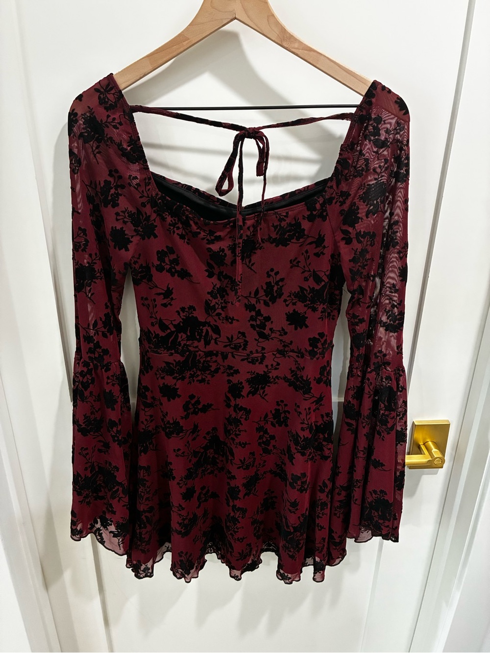 Whimsigoth Burgundy Mesh Velvet Floral Flare Sleeve Mini Dress Goth Vampy Small